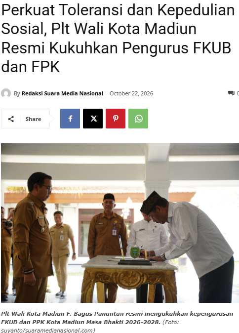 Perkuat Toleransi dan Kepedulian Sosial, Plt Wali Kota Madiun Resmi Kukuhkan Pengurus FKUB dan FPK