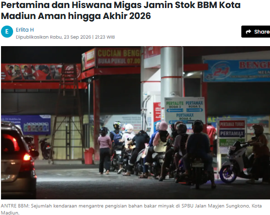 Pertamina dan Hiswana Migas Jamin Stok BBM Kota Madiun Aman hingga Akhir 2026