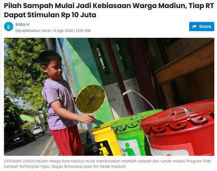 Pilah Sampah Mulai Jadi Kebiasaan Warga Madiun, Tiap RT Dapat Stimulan Rp 10 Juta