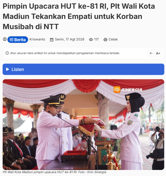 Pimpin Upacara HUT ke-81 RI, Plt Wali Kota Madiun Tekankan Empati untuk Korban Musibah di NTT