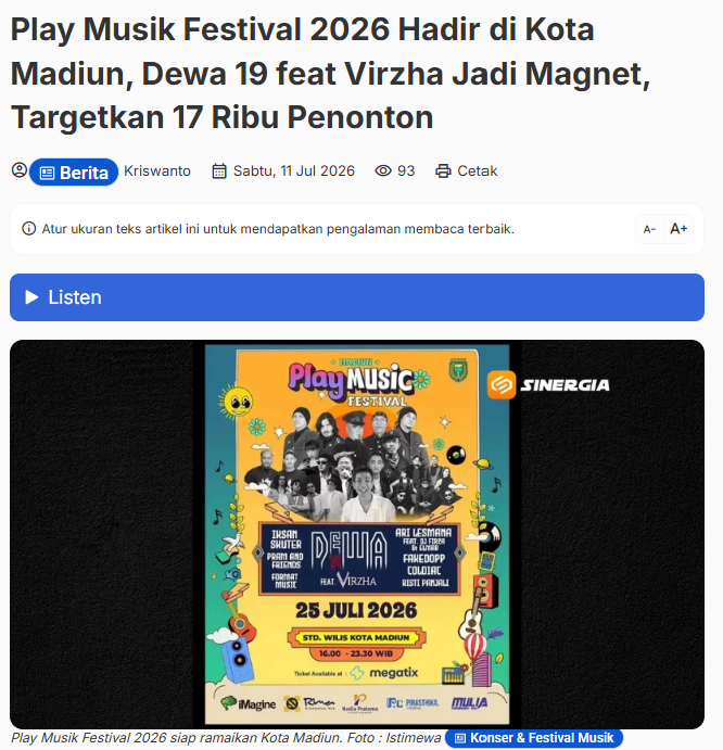 Play Musik Festival 2026 Hadir di Kota Madiun, Dewa 19 feat Virzha Jadi Magnet, Targetkan 17 Ribu Penonton