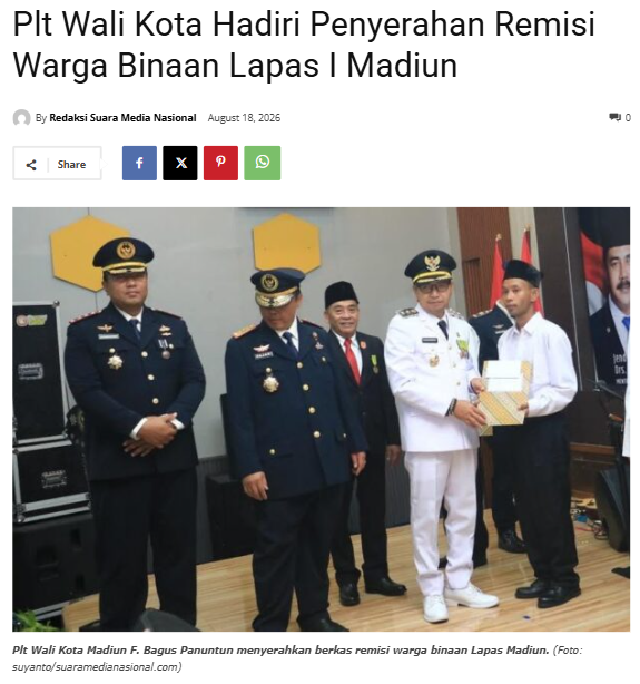 Plt Wali Kota Hadiri Penyerahan Remisi Warga Binaan Lapas I Madiun