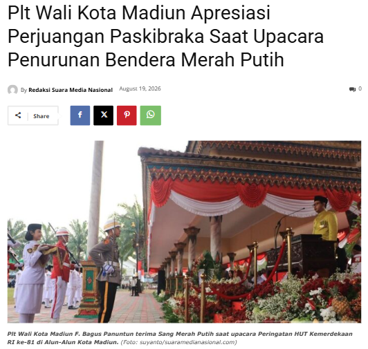 Plt Wali Kota Madiun Apresiasi Perjuangan Paskibraka Saat Upacara Penurunan Bendera Merah Putih