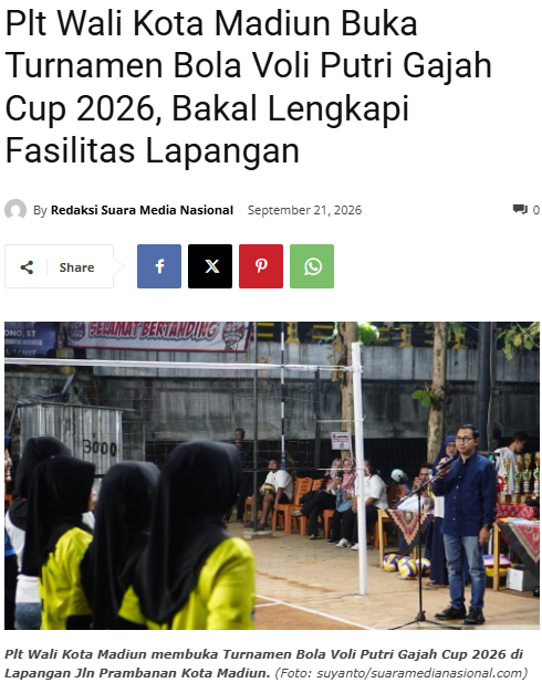 Plt Wali Kota Madiun Buka Turnamen Bola Voli Putri Gajah Cup 2026, Bakal Lengkapi Fasilitas Lapangan