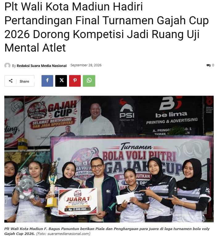 Plt Wali Kota Madiun Hadiri Pertandingan Final Turnamen Gajah Cup 2026 Dorong Kompetisi Jadi Ruang Uji Mental Atlet