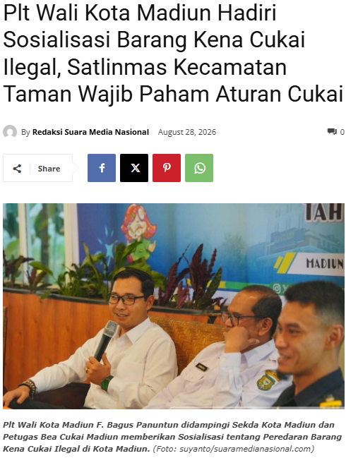 Plt Wali Kota Madiun Hadiri Sosialisasi Barang Kena Cukai Ilegal, Satlinmas Kecamatan Taman Wajib Paham Aturan Cukai