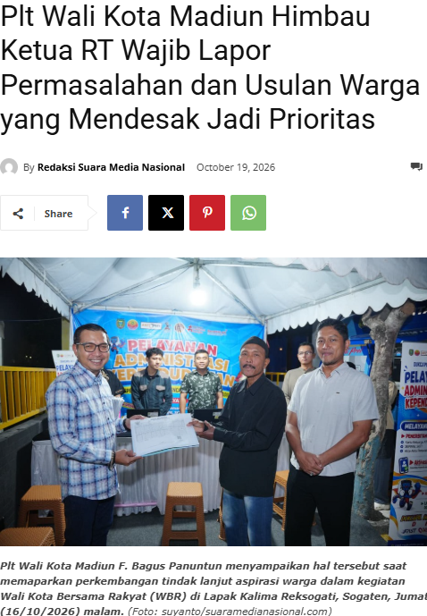 Plt Wali Kota Madiun Himbau Ketua RT Wajib Lapor Permasalahan dan Usulan Warga yang Mendesak Jadi Prioritas