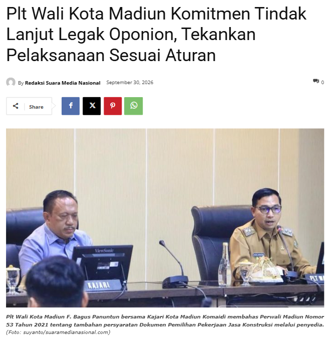 Plt Wali Kota Madiun Komitmen Tindak Lanjut Legak Oponion, Tekankan Pelaksanaan Sesuai Aturan