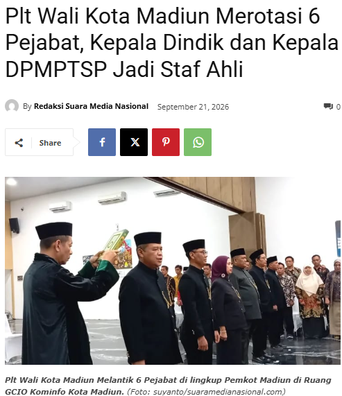Plt Wali Kota Madiun Merotasi 6 Pejabat, Kepala Dindik dan Kepala DPMPTSP Jadi Staf Ahli