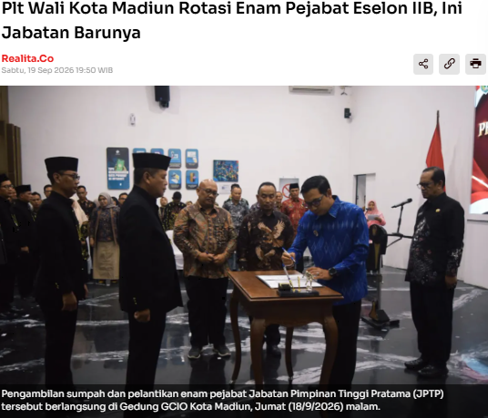 Plt Wali Kota Madiun Rotasi Enam Pejabat Eselon IIB, Ini Jabatan Barunya
