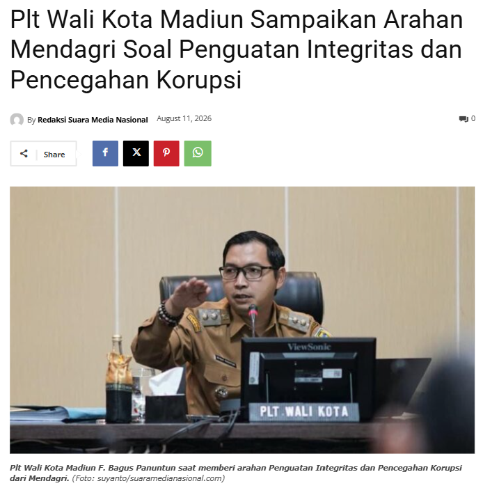 Plt Wali Kota Madiun Sampaikan Arahan Mendagri Soal Penguatan Integritas dan Pencegahan Korupsi