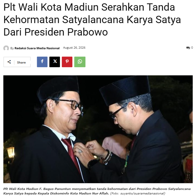 Plt Wali Kota Madiun Serahkan Tanda Kehormatan Satyalancana Karya Satya Dari Presiden Prabowo