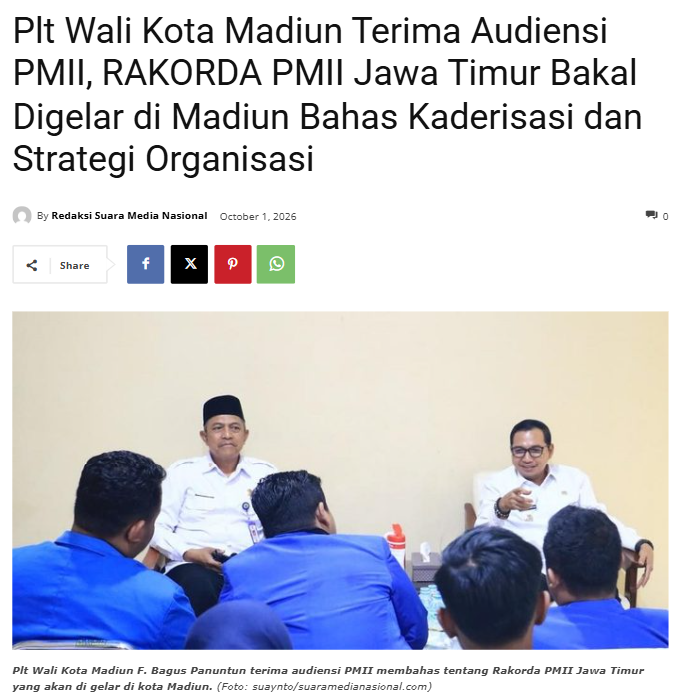 Plt Wali Kota Madiun Terima Audiensi PMII, RAKORDA PMII Jawa Timur Bakal Digelar di Madiun Bahas Kaderisasi dan Strategi Organisasi
