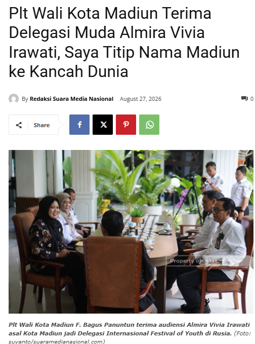 Plt Wali Kota Madiun Terima Delegasi Muda Almira Vivia Irawati, Saya Titip Nama Madiun ke Kancah Dunia