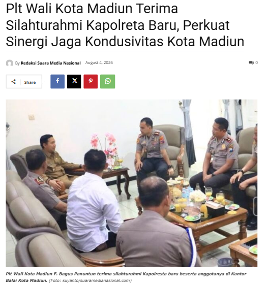 Plt Wali Kota Madiun Terima Silahturahmi Kapolreta Baru, Perkuat Sinergi Jaga Kondusivitas Kota Madiun