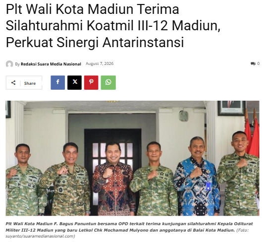 Plt Wali Kota Madiun Terima Silahturahmi Koatmil III-12 Madiun, Perkuat Sinergi Antarinstansi