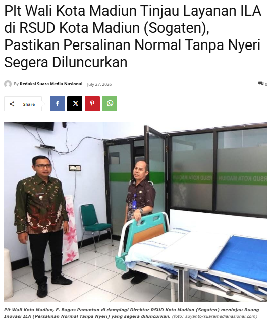 Plt Wali Kota Madiun Tinjau Layanan ILA di RSUD Kota Madiun (Sogaten), Pastikan Persalinan Normal Tanpa Nyeri Segera Diluncurkan