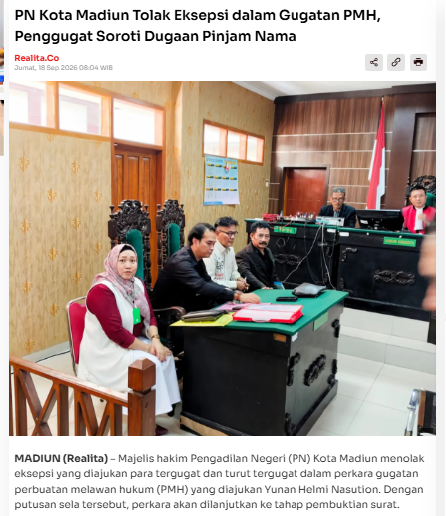 PN Kota Madiun Tolak Eksepsi dalam Gugatan PMH, Penggugat Soroti Dugaan Pinjam Nama