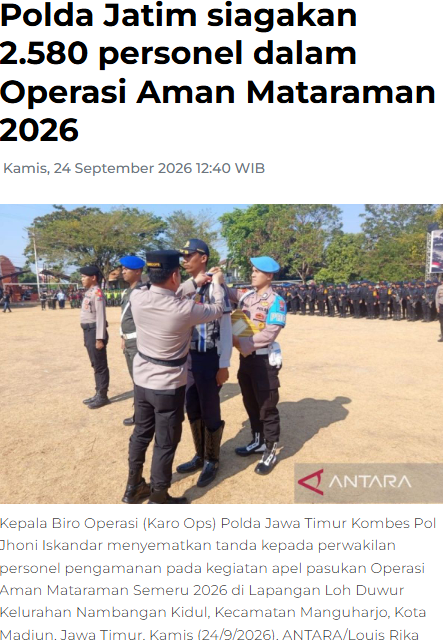 Polda Jatim siagakan 2.580 personel dalam Operasi Aman Mataraman 2026
