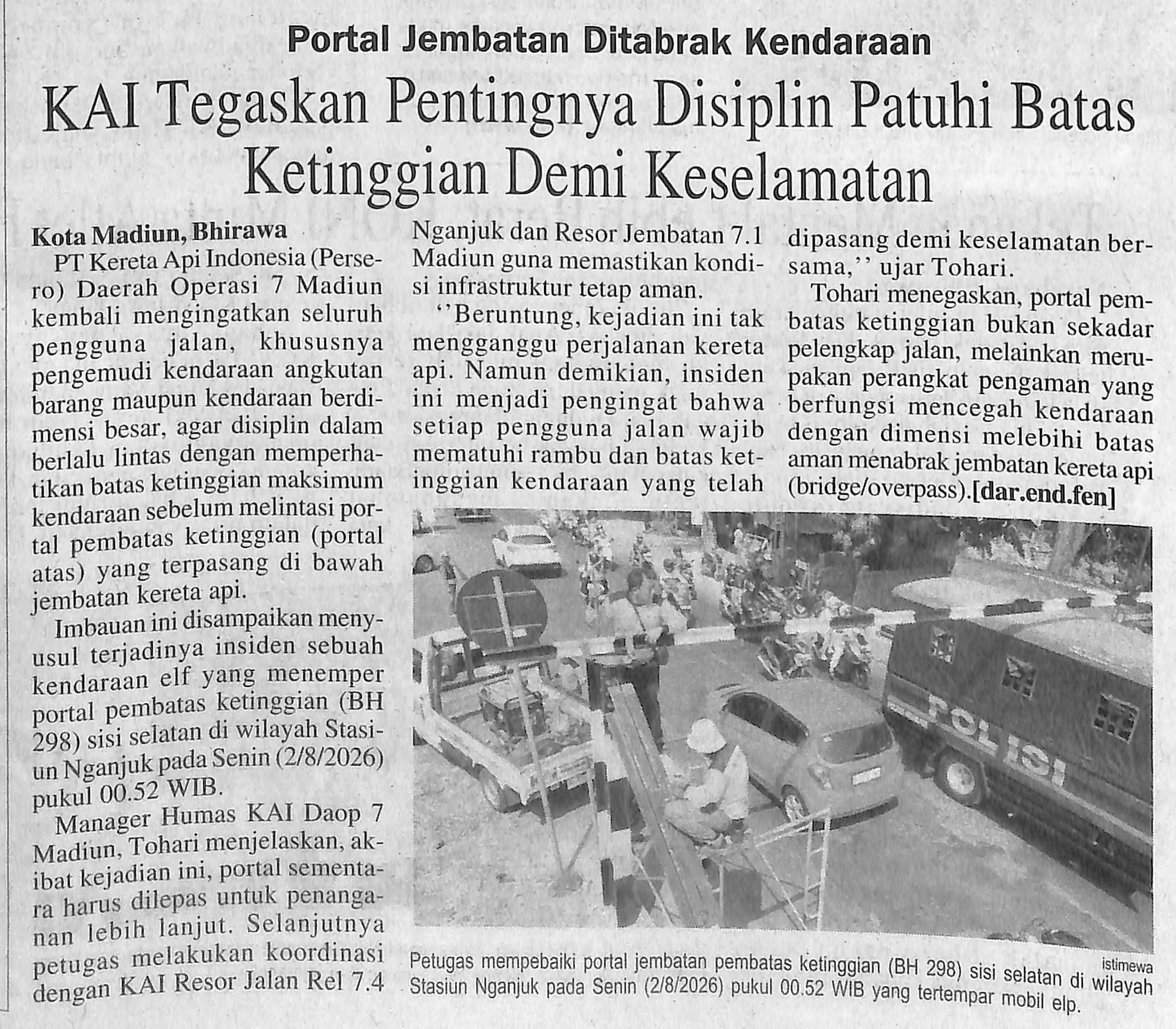 Portal Jembatan Ditabrak Kendaraan, ΚΑΙ Tegaskan Pentingnya Disiplin Patuhi Batas Ketinggian Demi Keselamatan