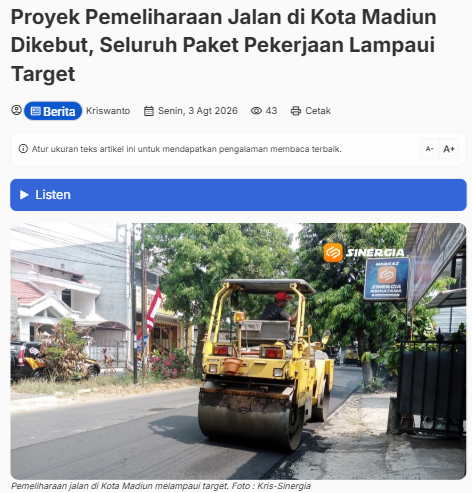 Proyek Pemeliharaan Jalan di Kota Madiun Dikebut, Seluruh Paket Pekerjaan Lampaui Target