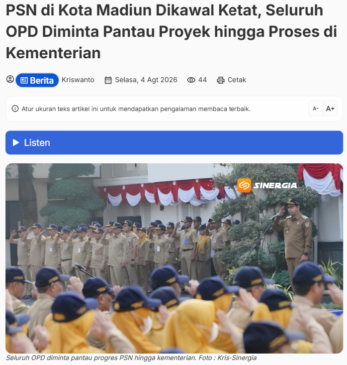 PSN di Kota Madiun Dikawal Ketat, Seluruh OPD Diminta Pantau Proyek hingga Proses di Kementerian