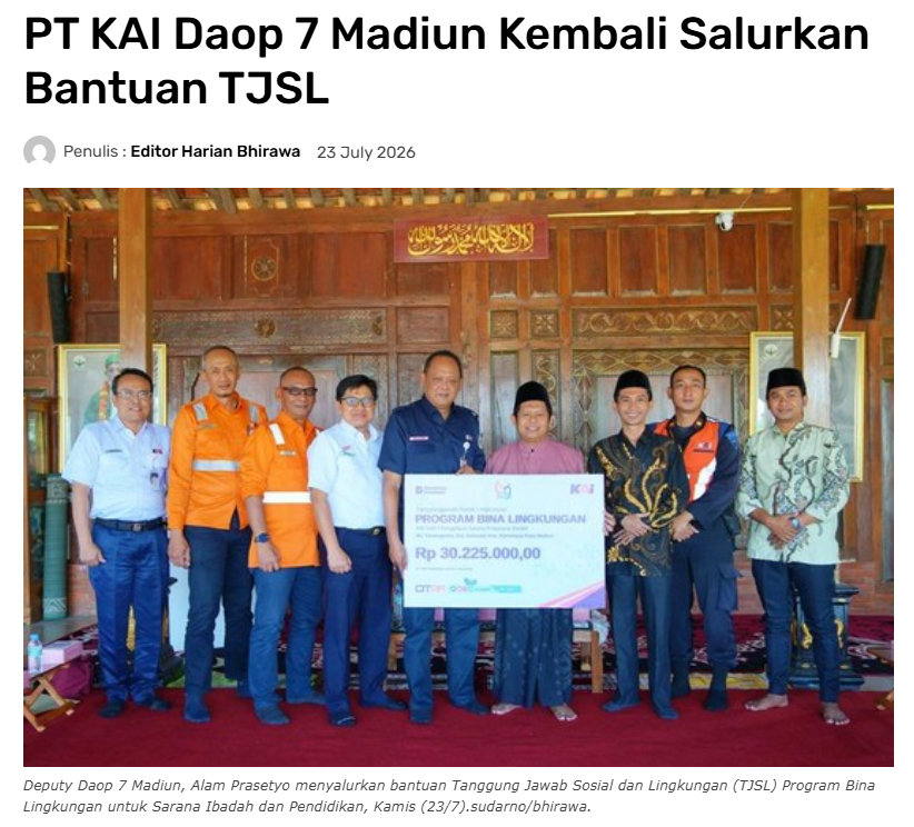 PT KAI Daop 7 Madiun Kembali Salurkan Bantuan TJSL