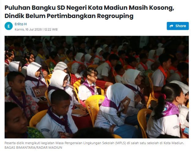 Puluhan Bangku SD Negeri Kota Madiun Masih Kosong, Dindik Belum Pertimbangkan Regrouping