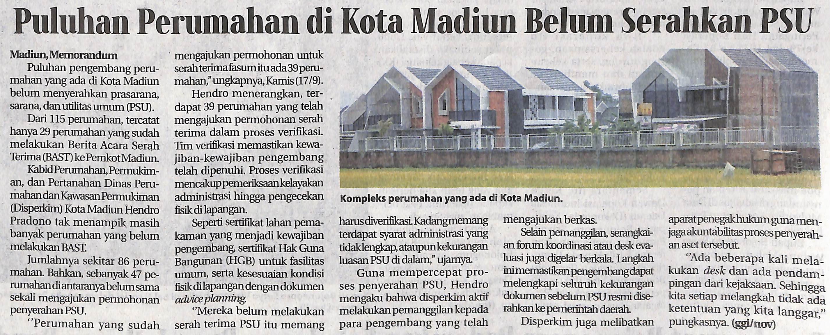 Puluhan Perumahan di Kota Madiun Belum Serahkan PSU