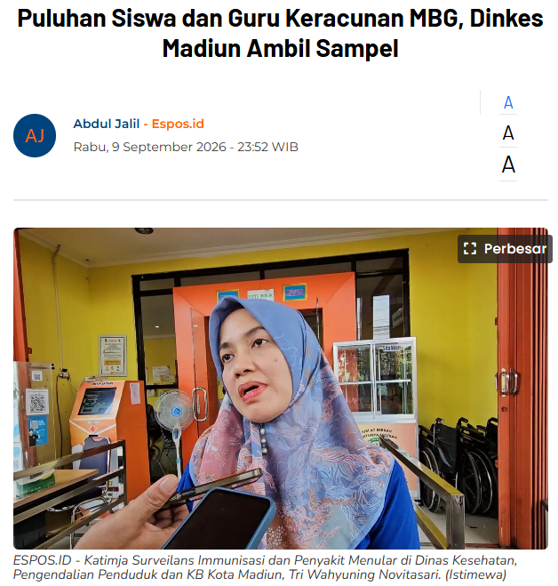 Puluhan Siswa dan Guru Keracunan MBG, Dinkes Madiun Ambil Sampel