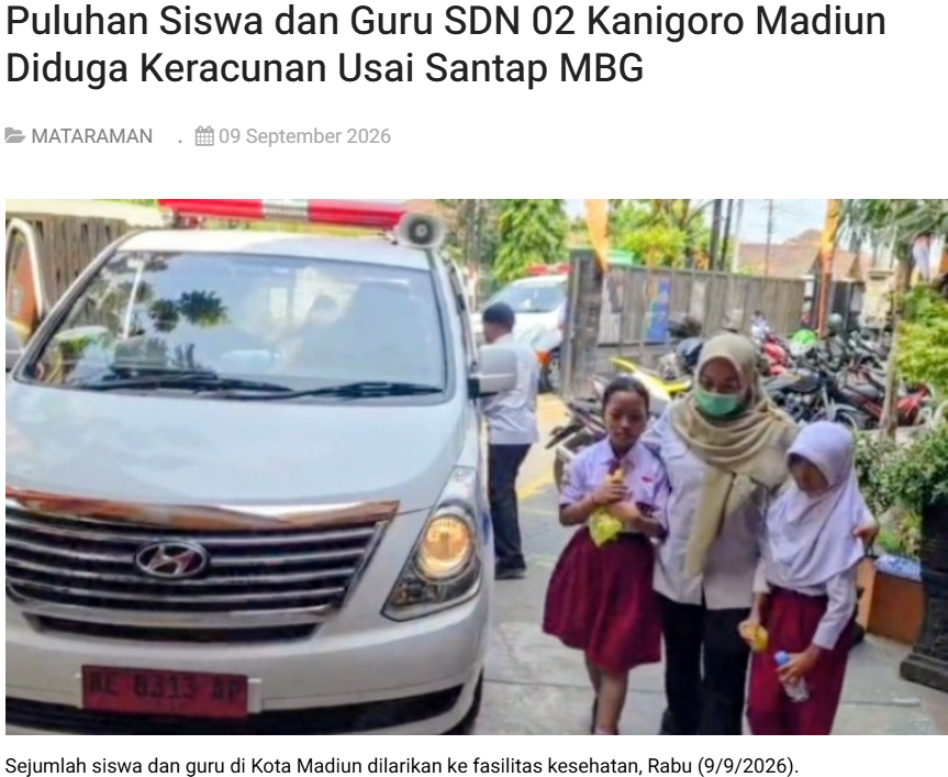 Puluhan Siswa dan Guru SDN 02 Kanigoro Madiun Diduga Keracunan Usai Santap MBG