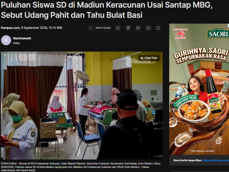 Puluhan Siswa SD di Madiun Keracunan Usai Santap MBG, Sebut Udang Pahit dan Tahu Bulat Basi