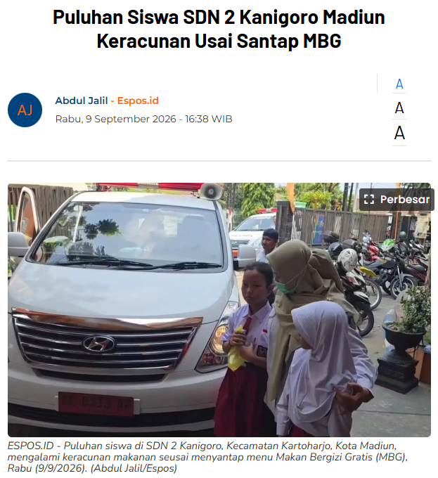 Puluhan Siswa SDN 2 Kanigoro Madiun Keracunan Usai Santap MBG
