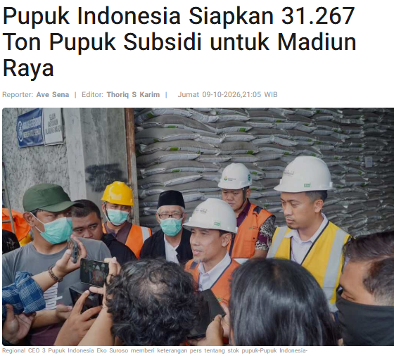 Pupuk Indonesia Siapkan 31.267 Ton Pupuk Subsidi untuk Madiun Raya