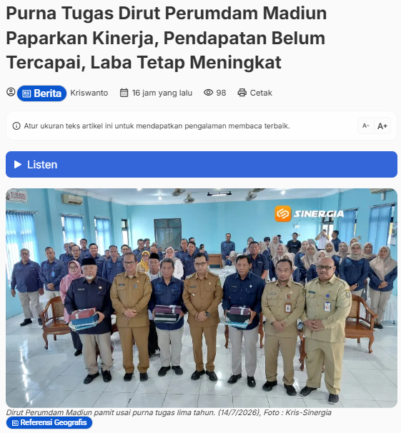 Purna Tugas Dirut Perumdam Madiun Paparkan Kinerja, Pendapatan Belum Tercapai, Laba Tetap Meningkat
