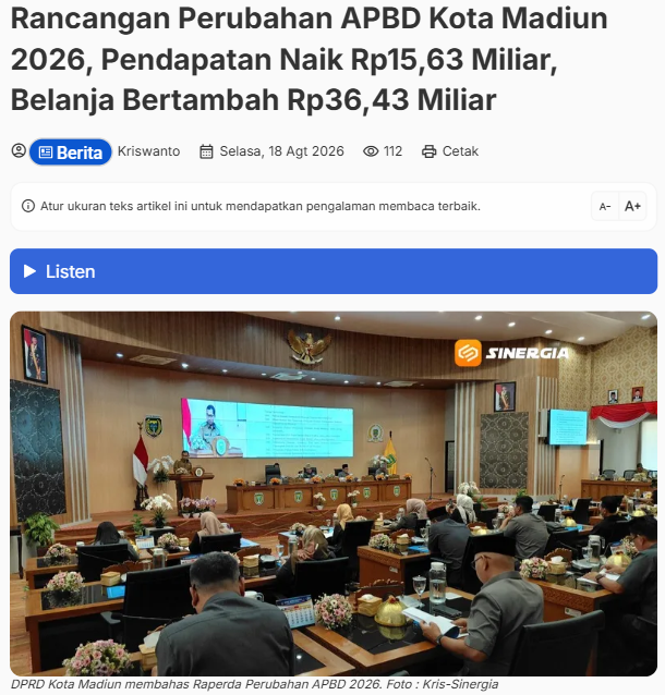 Rancangan Perubahan APBD Kota Madiun 2026, Pendapatan Naik Rp15,63 Miliar, Belanja Bertambah Rp36,43 Miliar