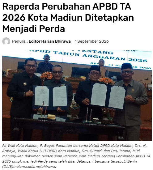 Raperda Perubahan APBD TA 2026 Kota Madiun Ditetapkan Menjadi Perda