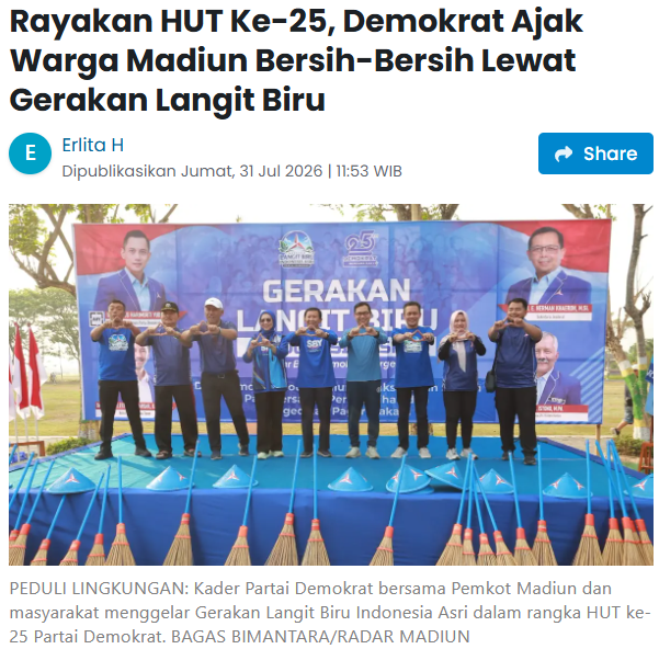 Rayakan HUT Ke-25, Demokrat Ajak Warga Madiun Bersih-Bersih Lewat Gerakan Langit Biru