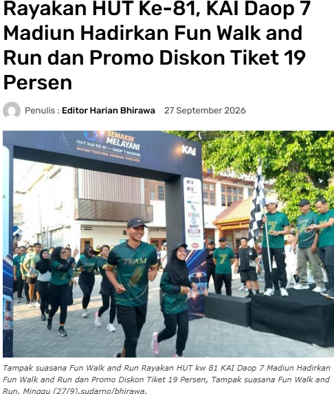 Rayakan HUT Ke-81, KAI Daop 7 Madiun Hadirkan Fun Walk and Run dan Promo Diskon Tiket 19 Persen