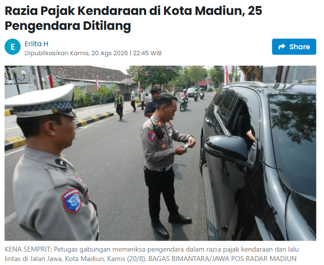 Razia Pajak Kendaraan di Kota Madiun, 25 Pengendara Ditilang