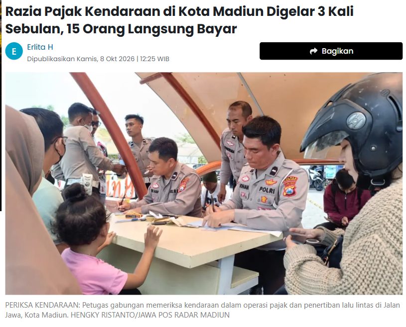 Razia Pajak Kendaraan di Kota Madiun Digelar 3 Kali Sebulan, 15 Orang Langsung Bayar