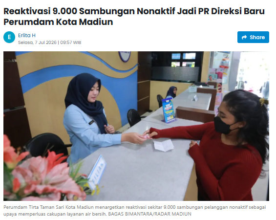 Reaktivasi 9.000 Sambungan Nonaktif Jadi PR Direksi Baru Perumdam Kota Madiun