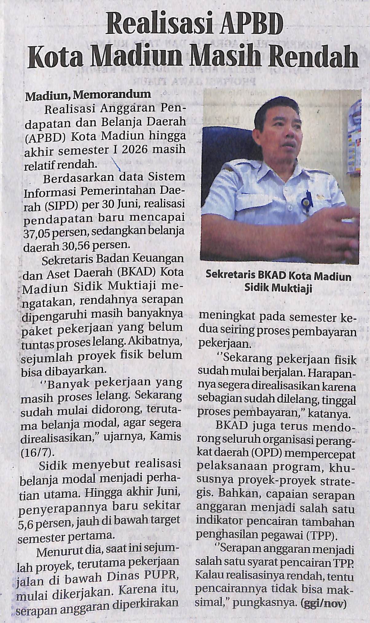 Realisasi APBD Kota Madiun Masih Rendah