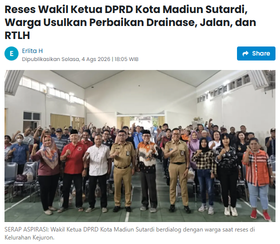 Reses Wakil Ketua DPRD Kota Madiun Sutardi, Warga Usulkan Perbaikan Drainase, Jalan, dan RTLH