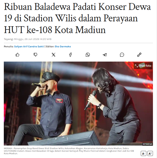 Ribuan Baladewa Padati Konser Dewa 19 di Stadion Wilis dalam Perayaan HUT ke-108 Kota Madiun