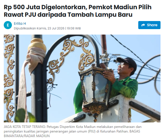 Rp 500 Juta Digelontorkan, Pemkot Madiun Pilih Rawat PJU daripada Tambah Lampu Baru