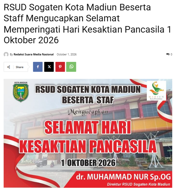 RSUD Sogaten Kota Madiun Beserta Staff Mengucapkan Selamat Memperingati Hari Kesaktian Pancasila 1 Oktober 2026