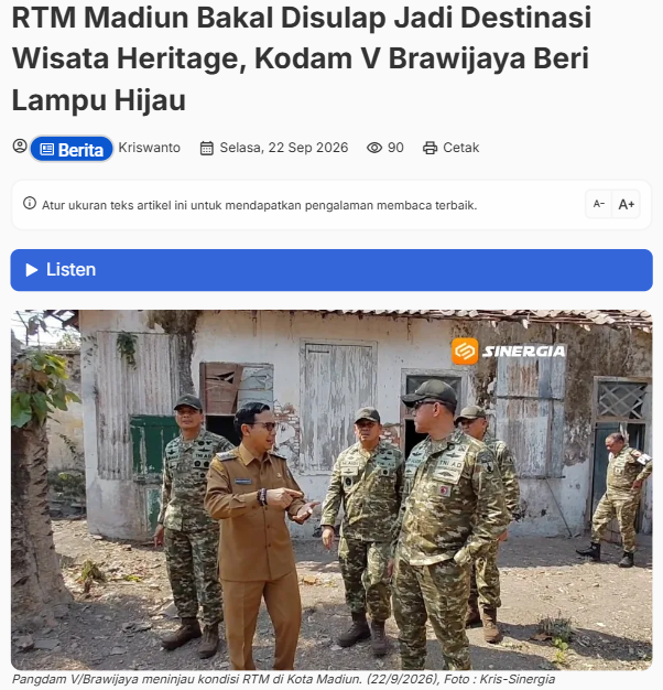 RTM Madiun Bakal Disulap Jadi Destinasi Wisata Heritage, Kodam V Brawijaya Beri Lampu Hijau