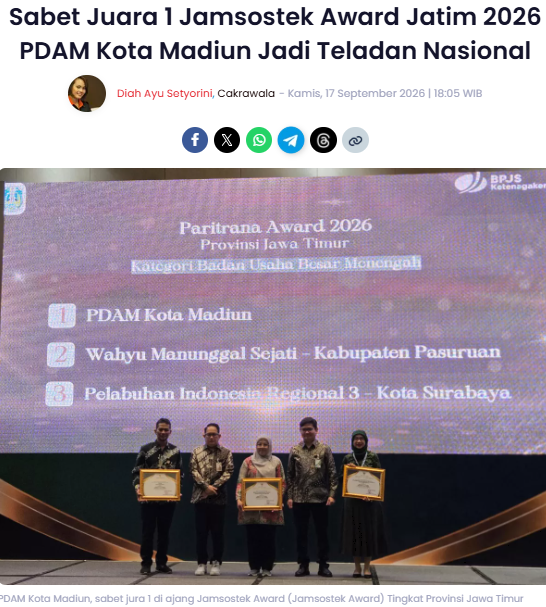Sabet Juara 1 Jamsostek Award Jatim 2026 PDAM Kota Madiun Jadi Teladan Nasional
