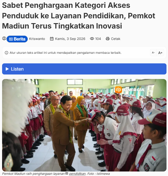 Sabet Penghargaan Kategori Akses Penduduk ke Layanan Pendidikan, Pemkot Madiun Terus Tingkatkan Inovasi
